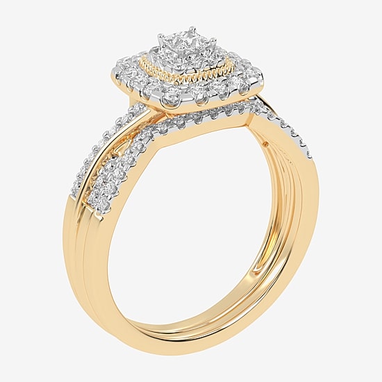 Womens 1/2 CT. T.W. Natural White Diamond 10K Gold Cushion Side Stone Halo Bridal Set
