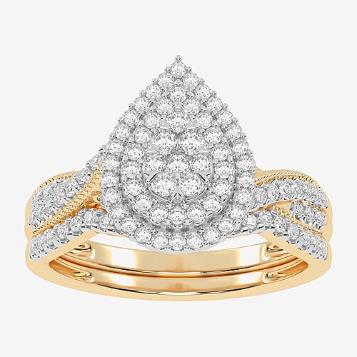 Womens 1/2 CT. T.W. Natural White Diamond 10K Gold Pear Side Stone Halo Bridal Set, 9, Yellow
