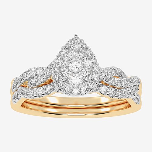 Womens 1/2 CT. T.W. Natural White Diamond 10K Gold Pear Side Stone Halo Bridal Set, 9, Yellow