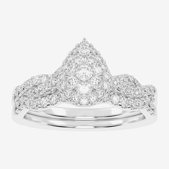 Womens 1/2 CT. T.W. Natural White Diamond 10K Gold Pear Side Stone Halo Bridal Set