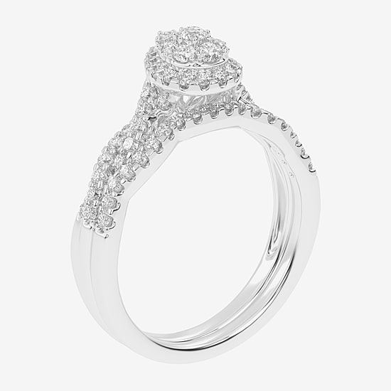 Womens 1/2 CT. T.W. Natural White Diamond 10K Gold Pear Side Stone Halo Bridal Set