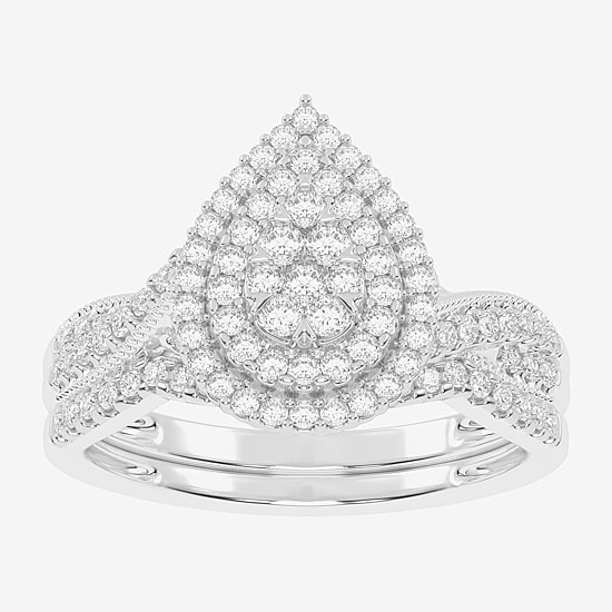 Womens 1/2 CT. T.W. Natural White Diamond 10K Gold Pear Side Stone Halo Bridal Set