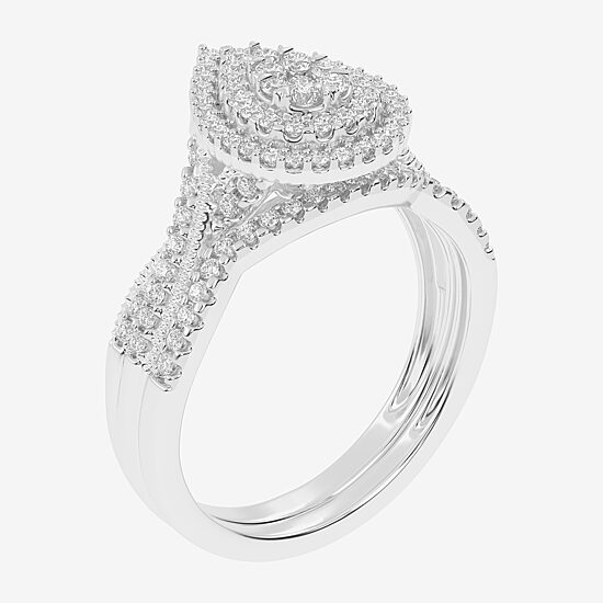 Womens 1/2 CT. T.W. Natural White Diamond 10K Gold Pear Side Stone Halo Bridal Set