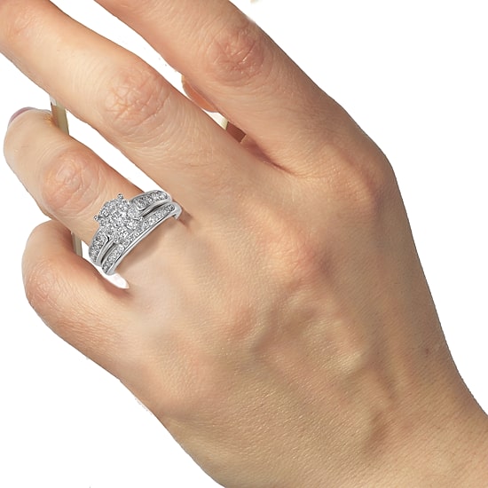 Womens 1 1/2 CT. T.W. Natural White Diamond 10K Gold Round Side Stone Halo Bridal Set