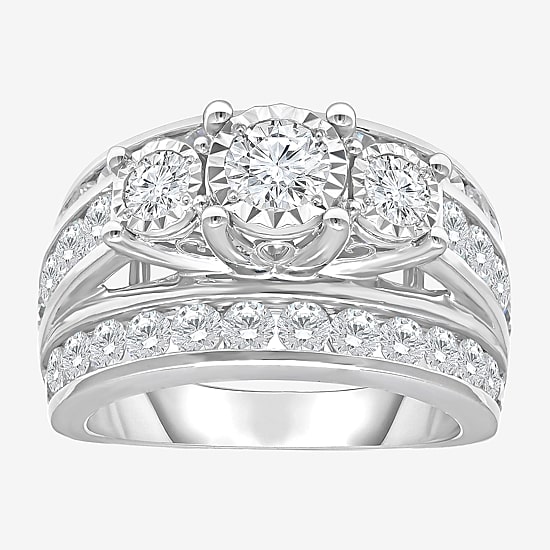 Love Lives Forever Womens 4 CT. T.W. Lab Grown White Diamond 10K Gold Round Side Stone 3-Stone Engagement Ring