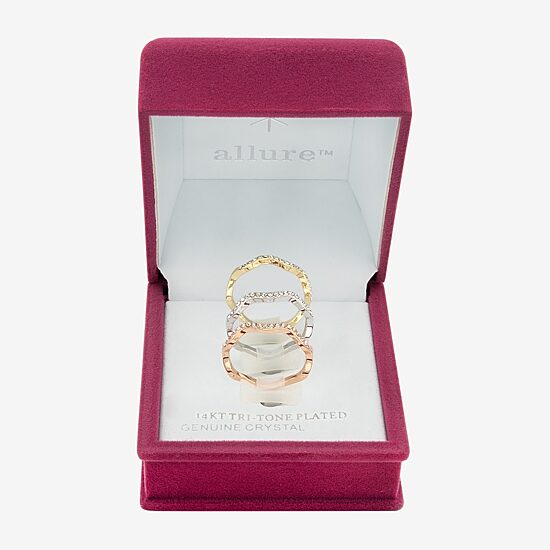 Sparkle Allure Wavy Delicate Stackable Womens Crystal 14K Gold Over Brass 18K Rose Gold Over Brass Delicate Ring Set