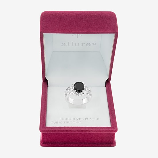 Sparkle Allure Split Shank Womens Black Crystal Pure Silver Over Brass Oval Halo Cocktail Ring