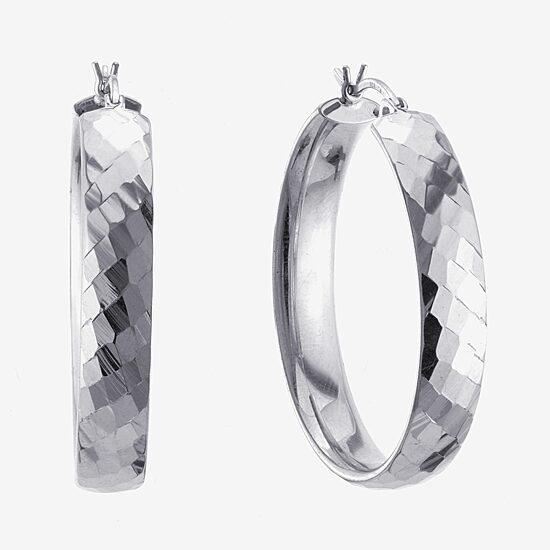 Womens Sterling Silver 35mm Round Hoop Earrings