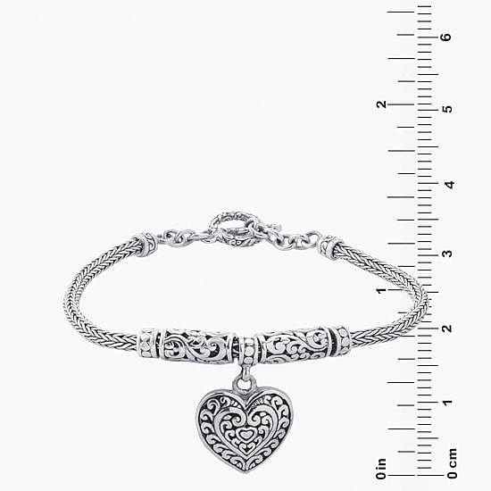 Bali Inspired Womens Sterling Silver Heart Charm Bracelet