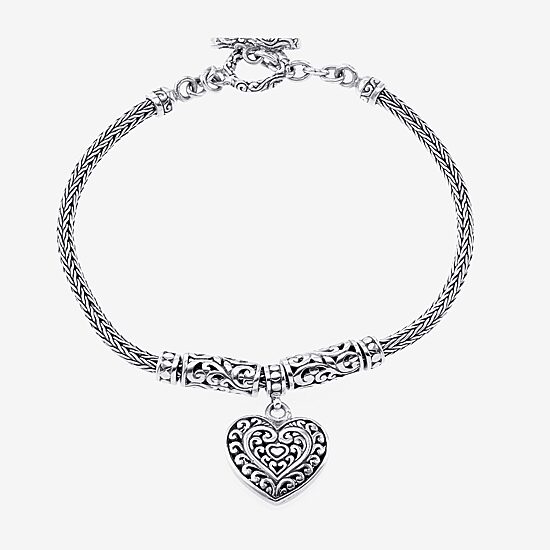 Bali Inspired Womens Sterling Silver Heart Charm Bracelet