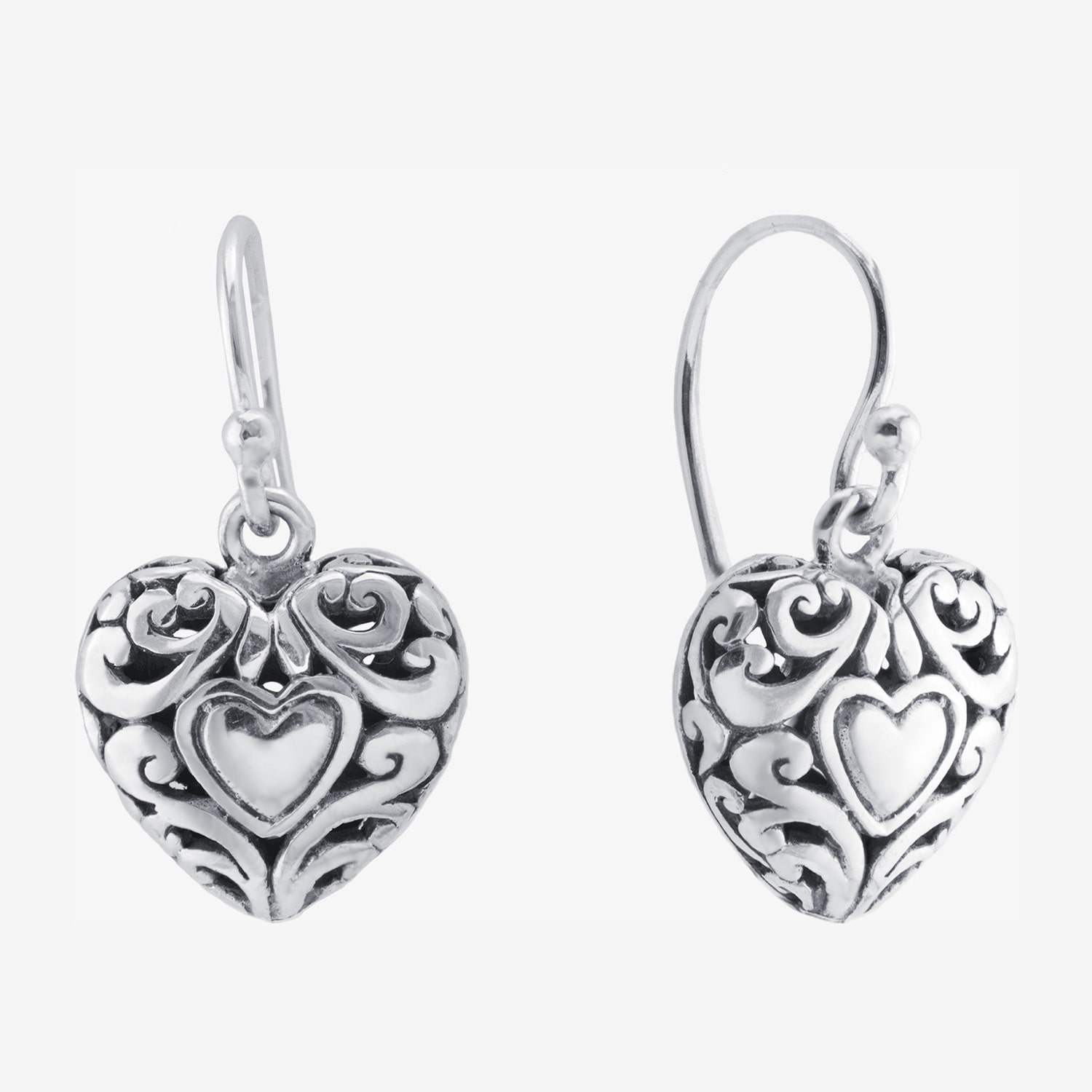Bali Inspired Womens Sterling Silver Heart Drop Earrings