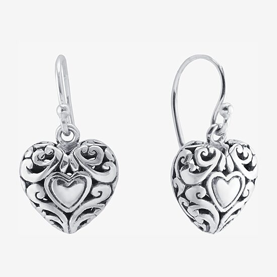 Bali Inspired Womens Sterling Silver Heart Drop Earrings