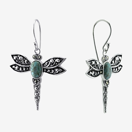 Womens Enhanced Blue Turquoise Sterling Silver Round Drop Earrings