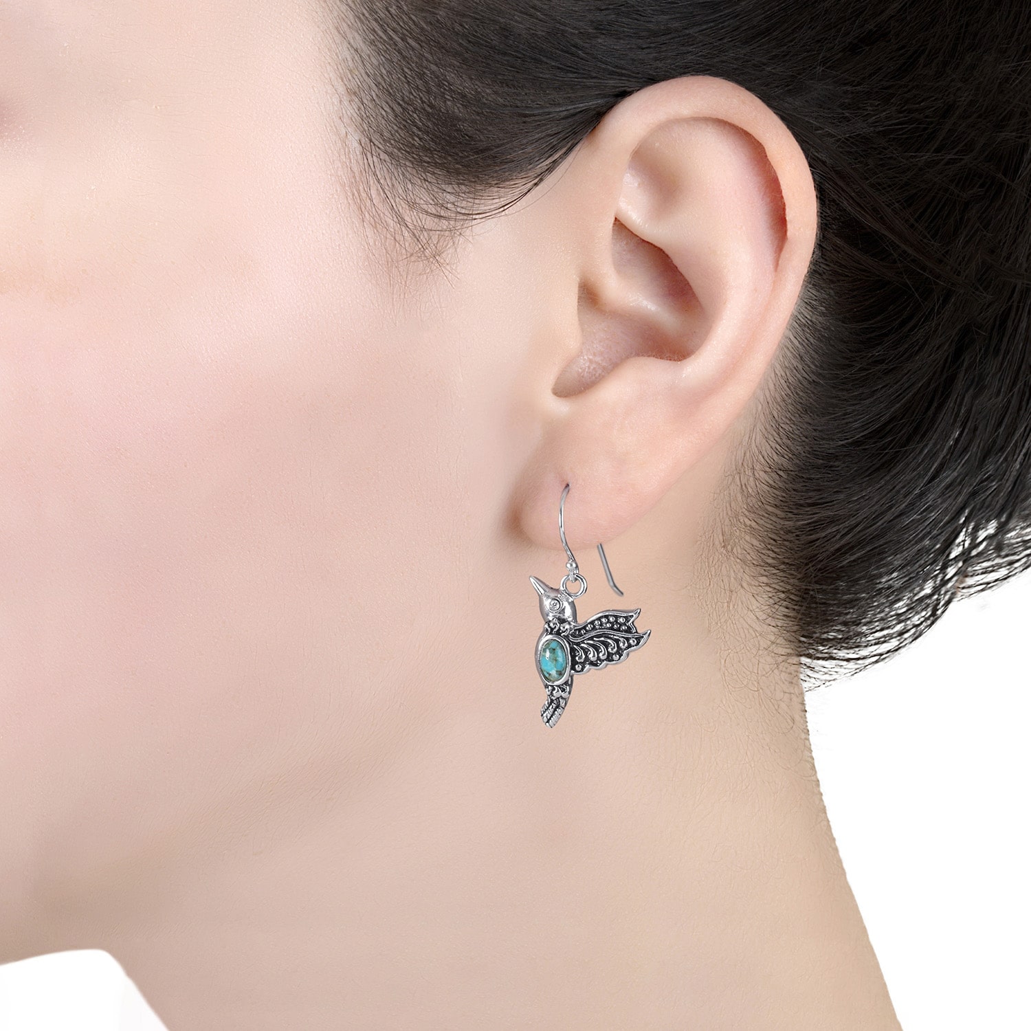 Hummingbird Womens Enhanced Blue Turquoise Sterling Silver Round Drop Earrings