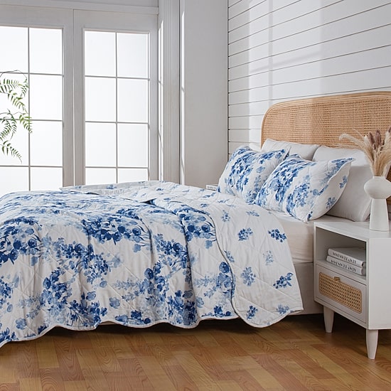Linery Blue Watercolor Florals Reversible Quilt Set
