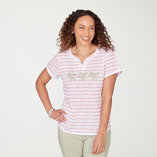 Hearts Of Palm Womens Split Crew Neck Short Sleeve Embellished Blouse