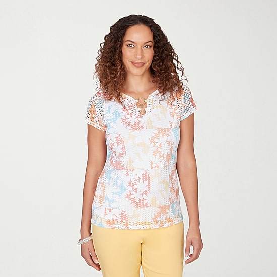 Hearts Of Palm Womens Keyhole Neck Short Sleeve Lined Blouse