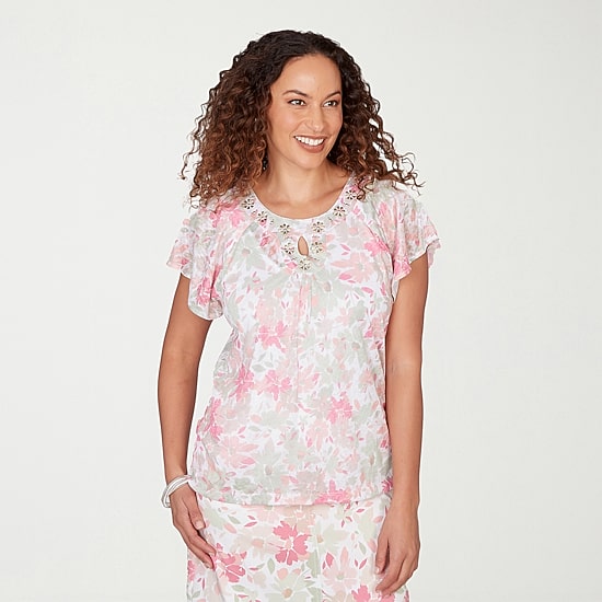 Hearts Of Palm Womens Keyhole Neck Short Sleeve Lined Blouse