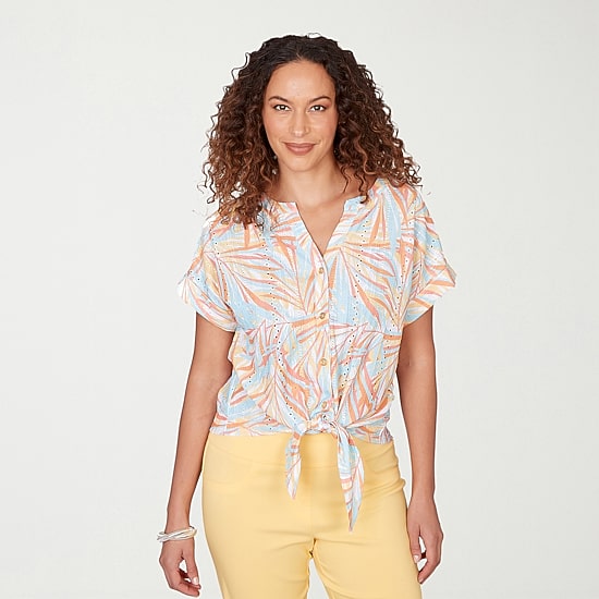 Hearts Of Palm Womens Split Crew Neck Short Sleeve Blouse