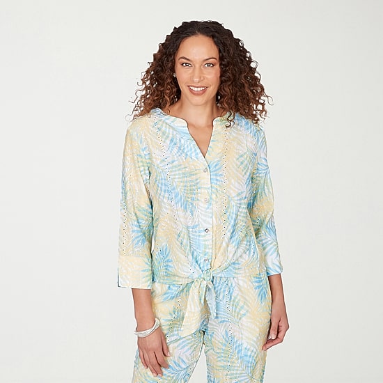 Hearts Of Palm Womens Split Crew Neck 3/4 Sleeve Blouse