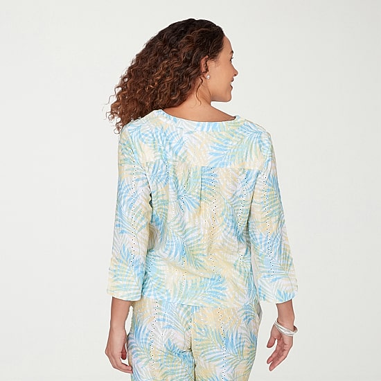 Hearts Of Palm Womens Split Crew Neck 3/4 Sleeve Blouse