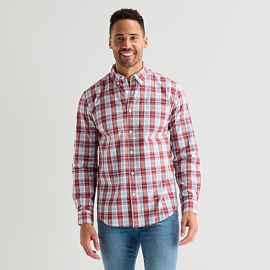 St. John's Bay Stretch Poplin Mens Long Sleeve Slim Fit Button-Down Shirt