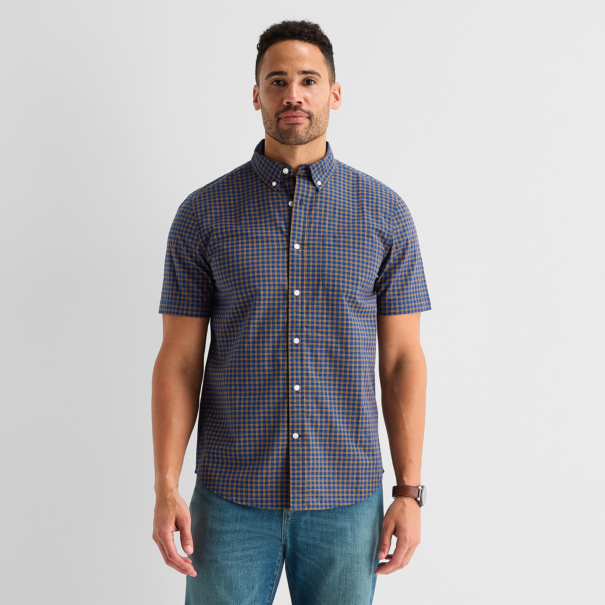 St. John's Bay Stretch Poplin Mens Short Sleeve Classic Fit Button-Down Shirt