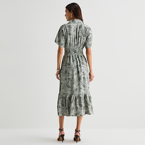 Melonie T Womens Midi Short Sleeve Drop Shoulder Leaf Fit + Flare Dress