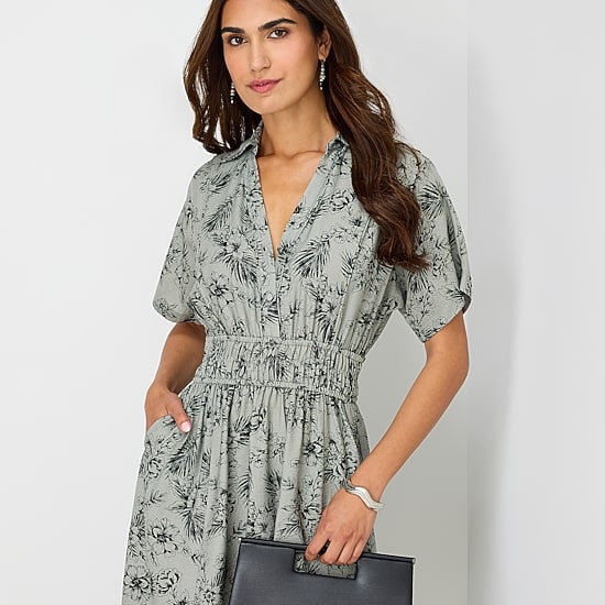 Melonie T Womens Midi Short Sleeve Drop Shoulder Leaf Fit + Flare Dress