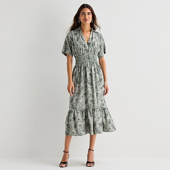 Melonie T Womens Midi Short Sleeve Drop Shoulder Leaf Fit + Flare Dress