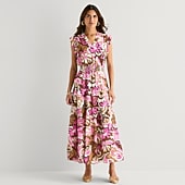 MSK Womens V Neck Sleeveless Flutter Maxi Dress
