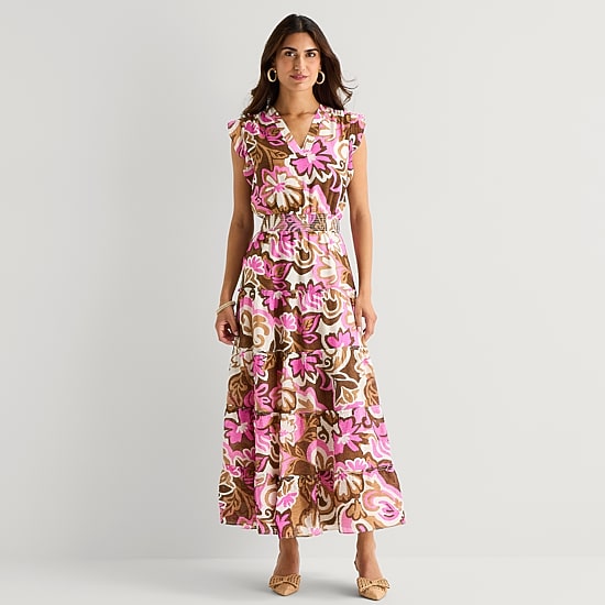 MSK Womens V Neck Sleeveless Flutter Maxi Dress