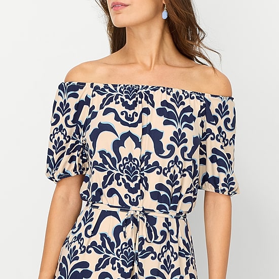 Danny & Nicole Womens Straight Neck Short Sleeve Raglan Medallion Fit + Flare Dress