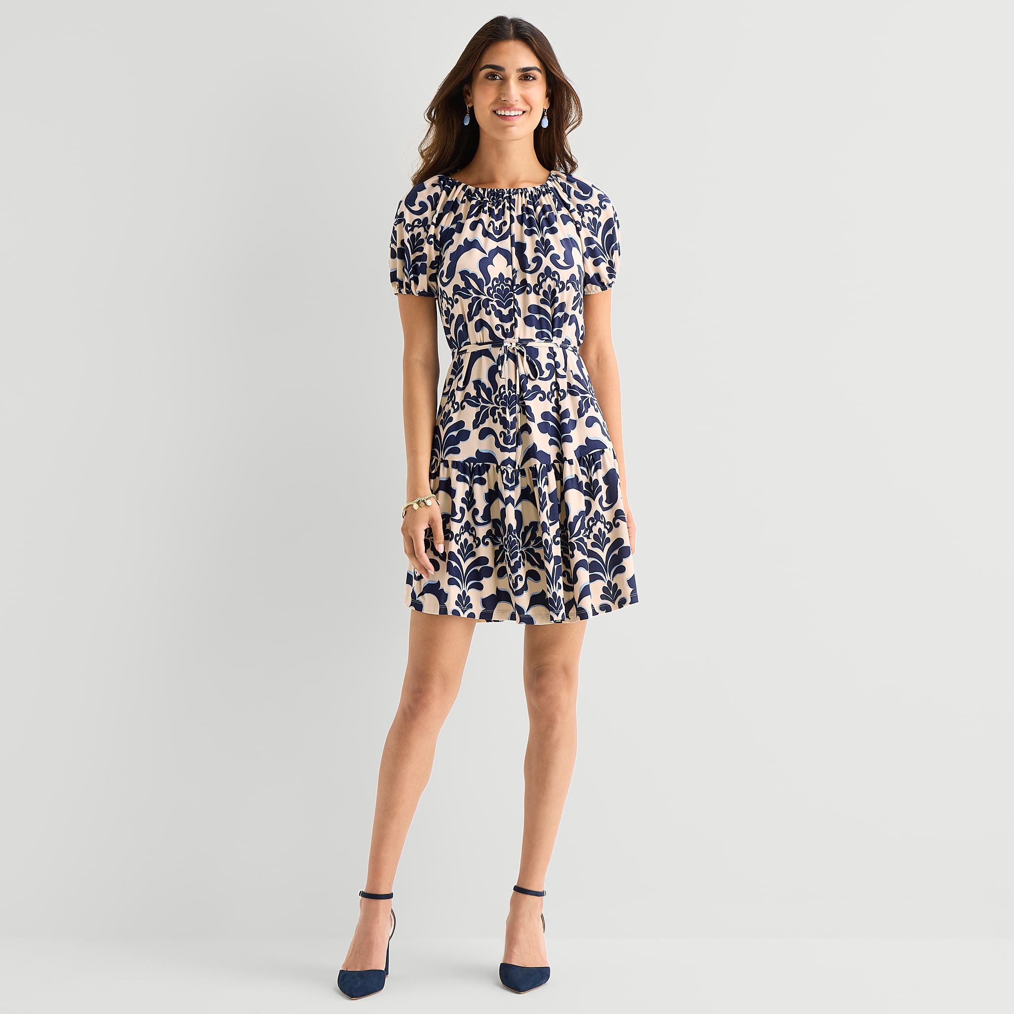 Danny & Nicole Womens Straight Neck Short Sleeve Raglan Medallion Fit + Flare Dress