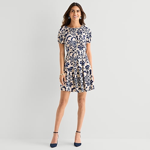 Danny & Nicole Womens Straight Neck Short Sleeve Raglan Medallion Fit + Flare Dress In Blue
