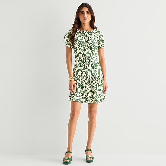 Danny & Nicole Womens Round Neck Short Sleeve Raglan Medallion Fit + Flare Dress