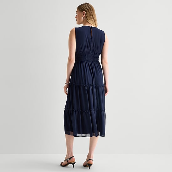 Danny & Nicole Womens Midi V Neck Sleeveless Fit + Flare Dress