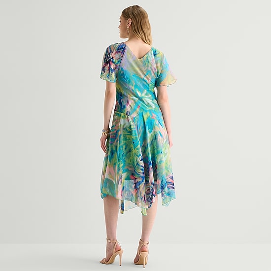Rabbit Rabbit Rabbit Design Womens Midi V Neck Short Sleeve Flutter Abstract Fit + Flare Dress