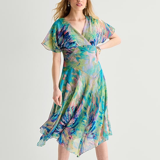 Rabbit Rabbit Rabbit Design Womens Midi V Neck Short Sleeve Flutter Abstract Fit + Flare Dress