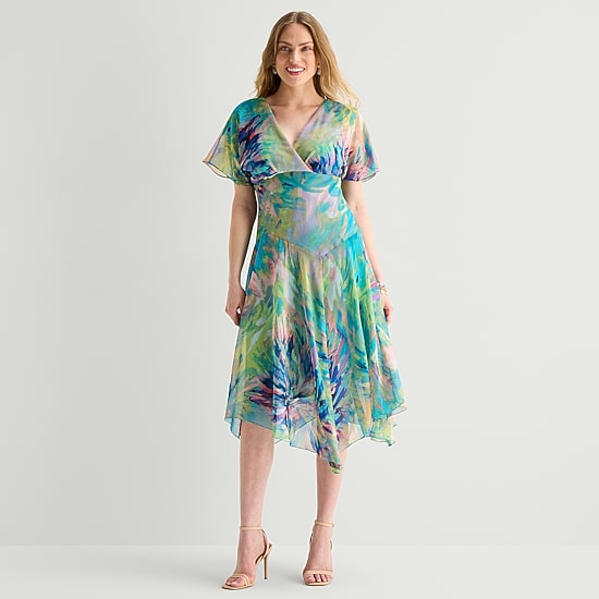 rabbit rabbit rabbit designs dress Design Women's Midi V Neck Short Sleeve Flutter Abstract Fit + Flare | Blue | Women's 12 Wedding dress Bandeau Mini Dress in Size:S-38 Features a midi length collection_kay-unger_Kay Unger