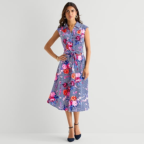 Rabbit Rabbit Rabbit Design Womens Midi Sleeveless Floral Fit + Flare Dress