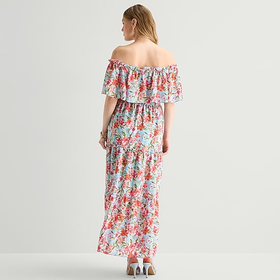 Rabbit Rabbit Rabbit Design Womens Midi Straight Neck Short Sleeve Off the Shoulder Floral Fit + Flare Dress