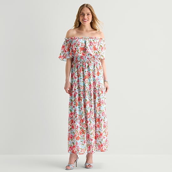Rabbit Rabbit Rabbit Design Womens Midi Straight Neck Short Sleeve Off the Shoulder Floral Fit + Flare Dress