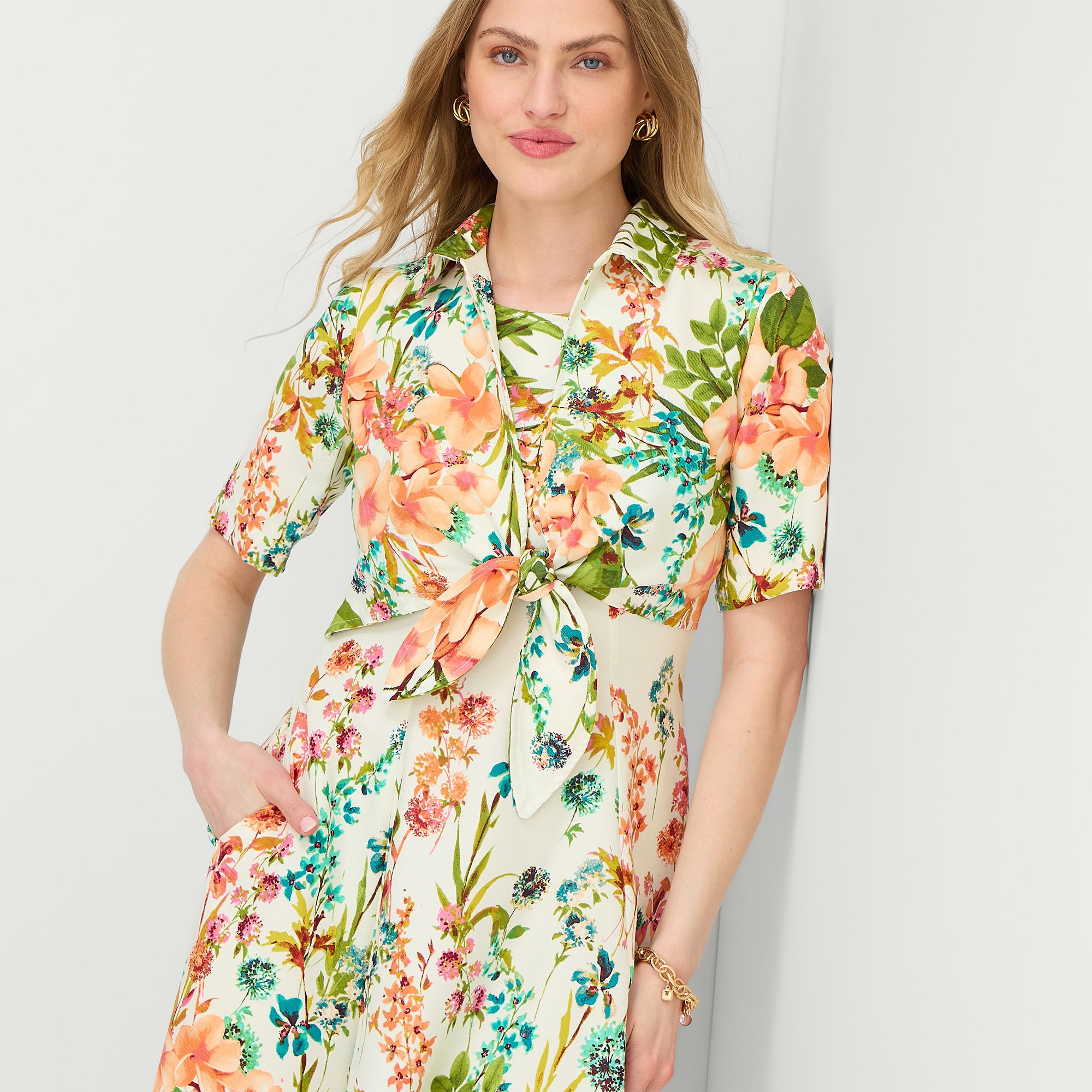 Danny & Nicole Womens Short Sleeve Midi Floral Shirt Dress