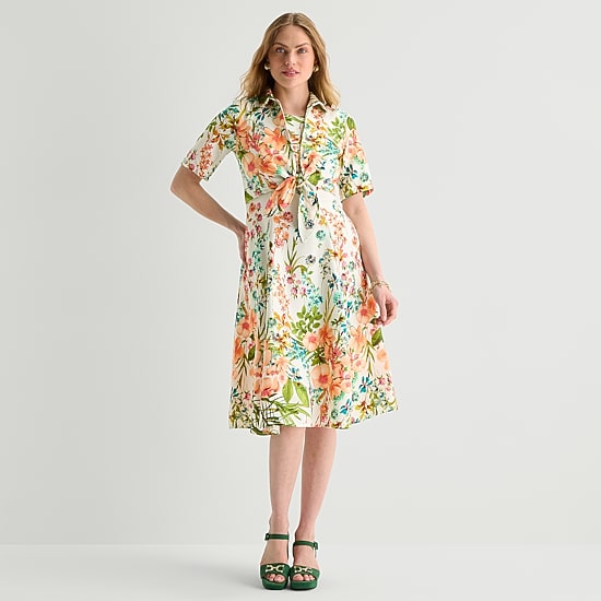 Danny & Nicole Womens Short Sleeve Midi Floral Shirt Dress