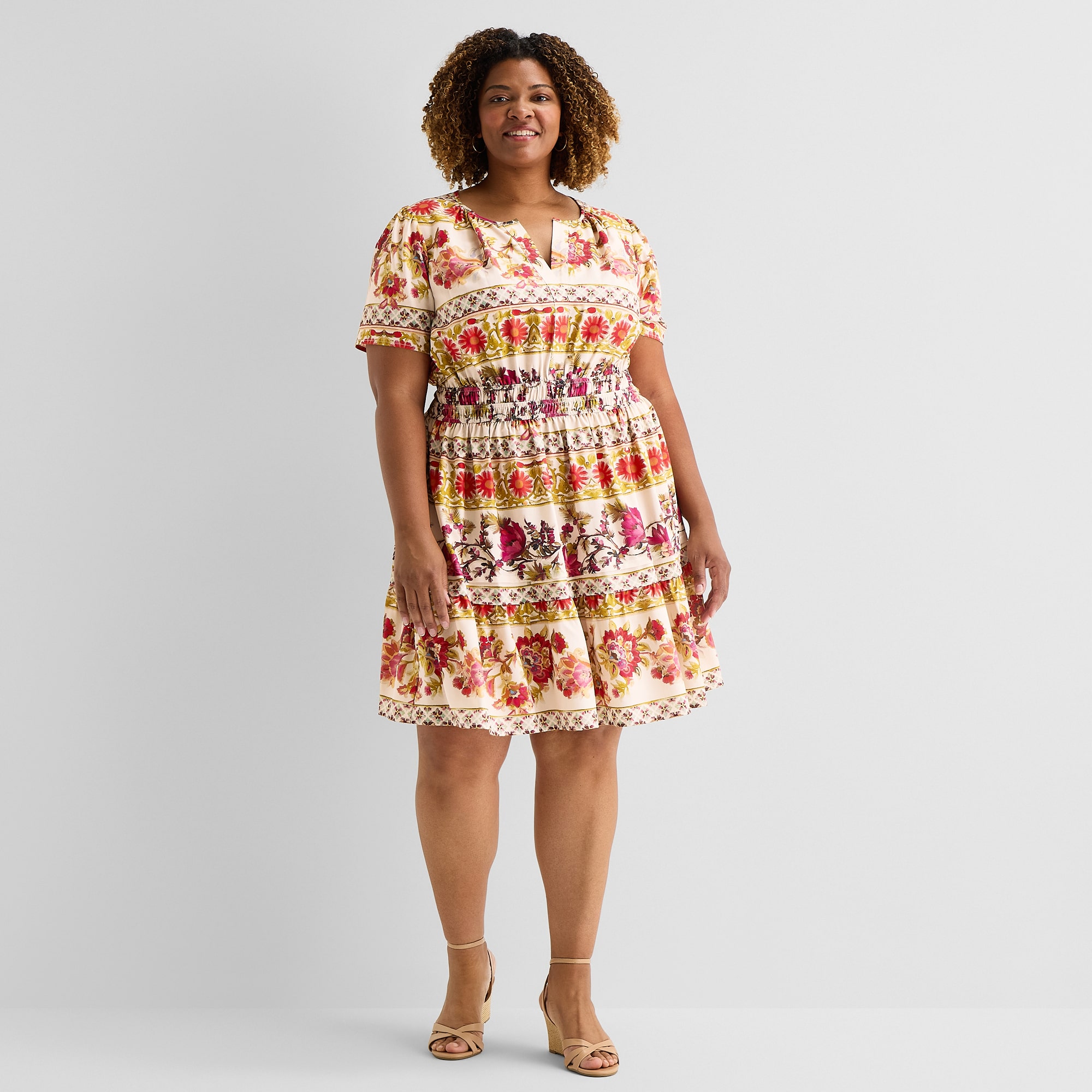Be by CHETTA B Womens Plus Round Neck Short Sleeve Fitted Floral Fit + Flare Dress