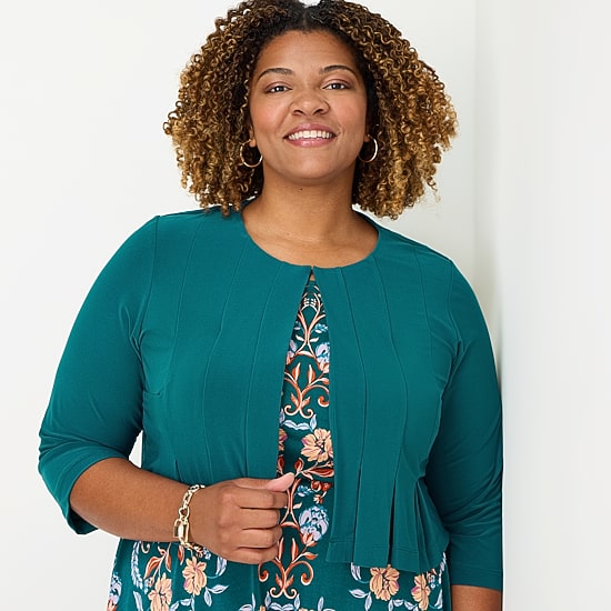 Danny & Nicole Womens Plus Midi Floral Jacket Dress, Color: Teal