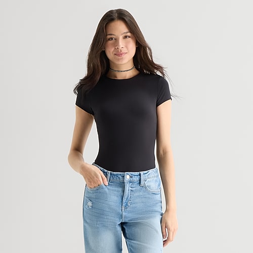 Arizona Smooth Womens Juniors Crew Neck Short Sleeve Bodysuit, Large, Black