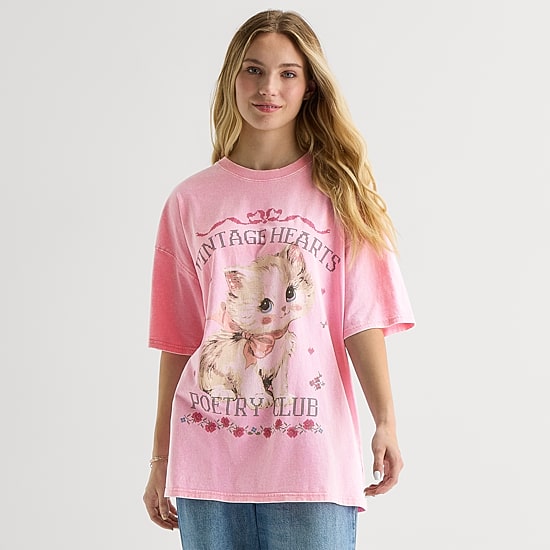 Arizona Womens Juniors Crew Neck Short Sleeve Oversized Graphic T-Shirt