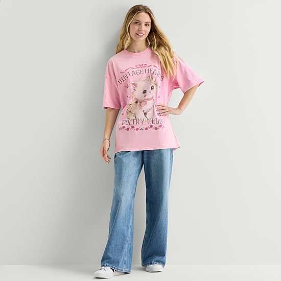 Arizona Womens Juniors Crew Neck Short Sleeve Oversized Graphic T-Shirt